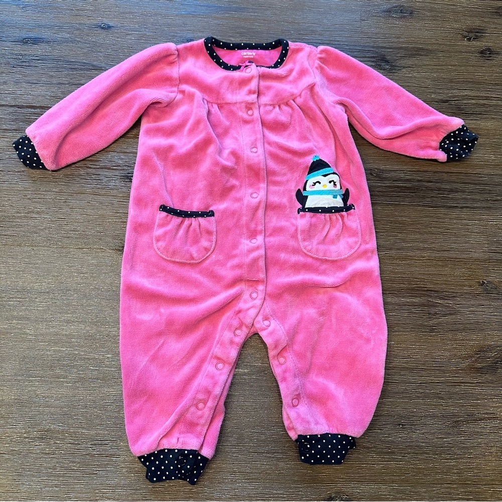 6/20$ Carter's Pink Penguin One Piece size 9 months